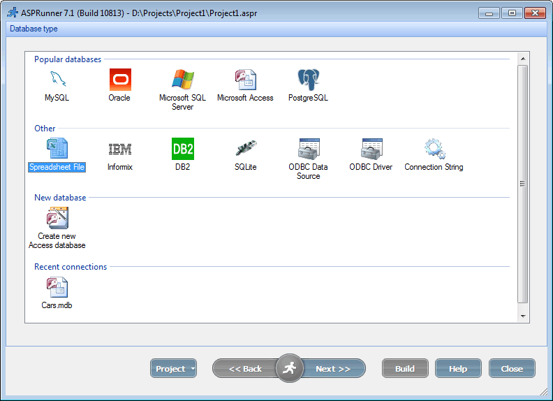 Choose database type screen