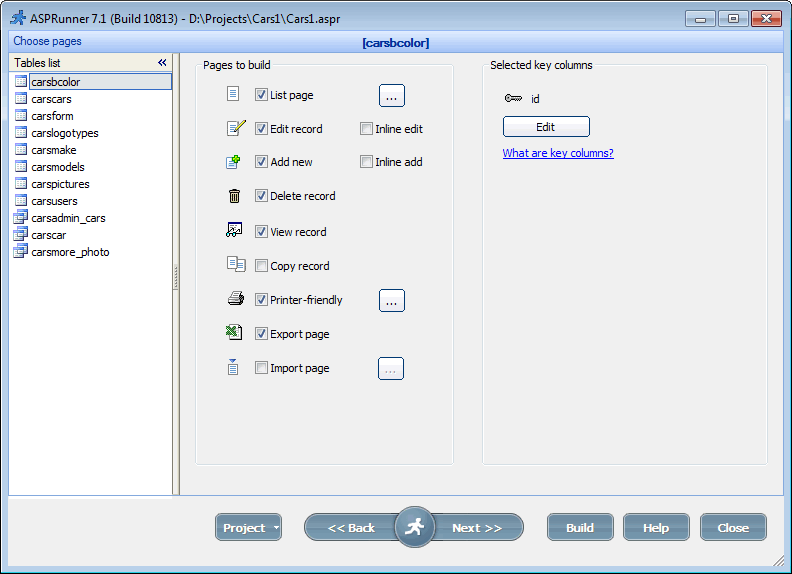 Choose key column and pages to build