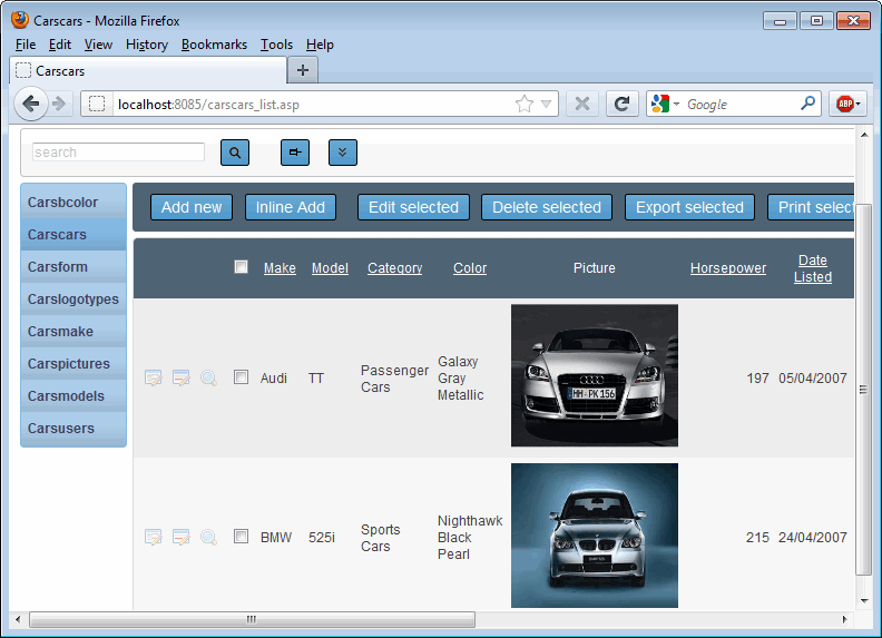 Sample generated ASP page