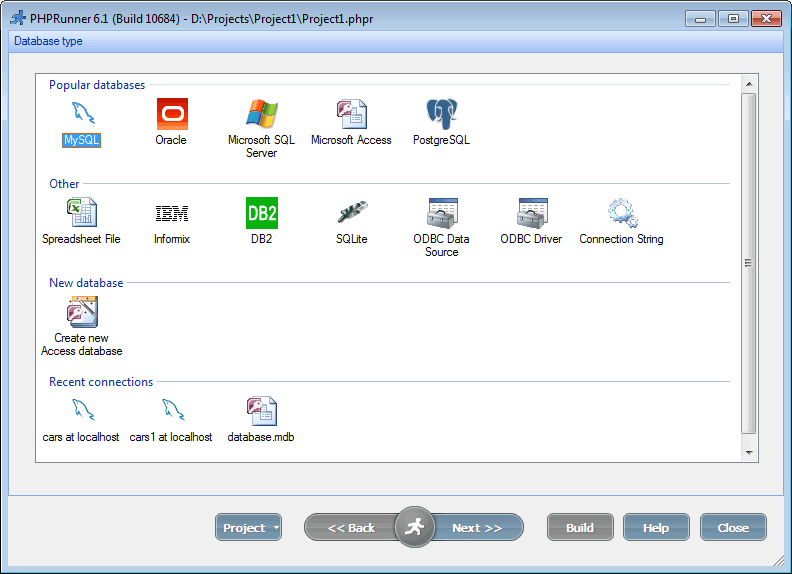 Choose database type screen