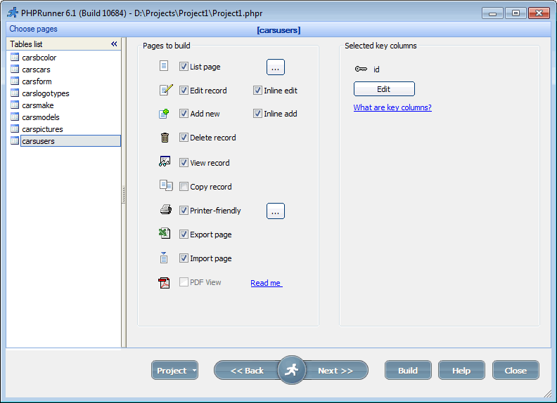 Choose key column and pages to build