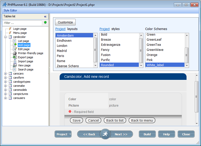 Choose layout and color schema