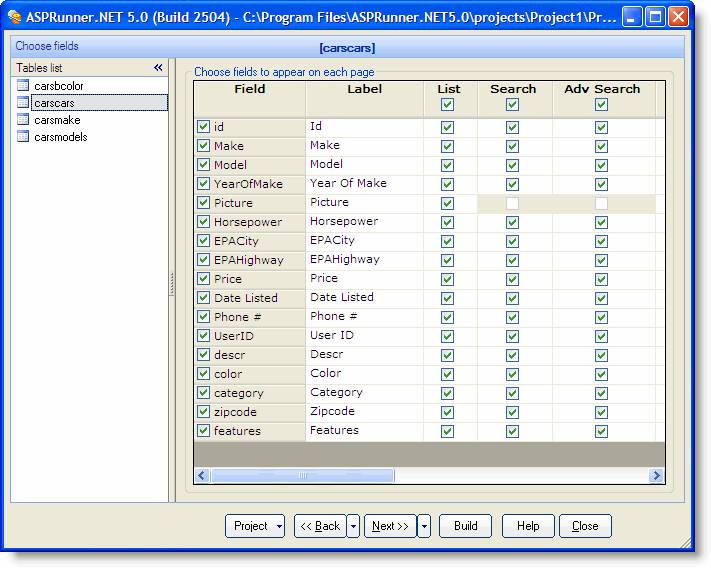 Select fields that will be displayed on the genarated pages