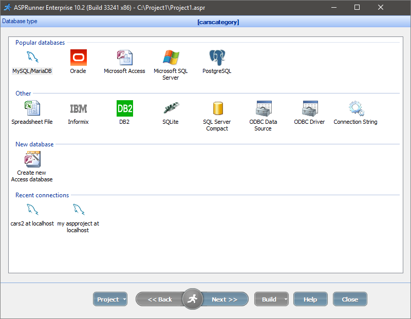 Choose database type screen