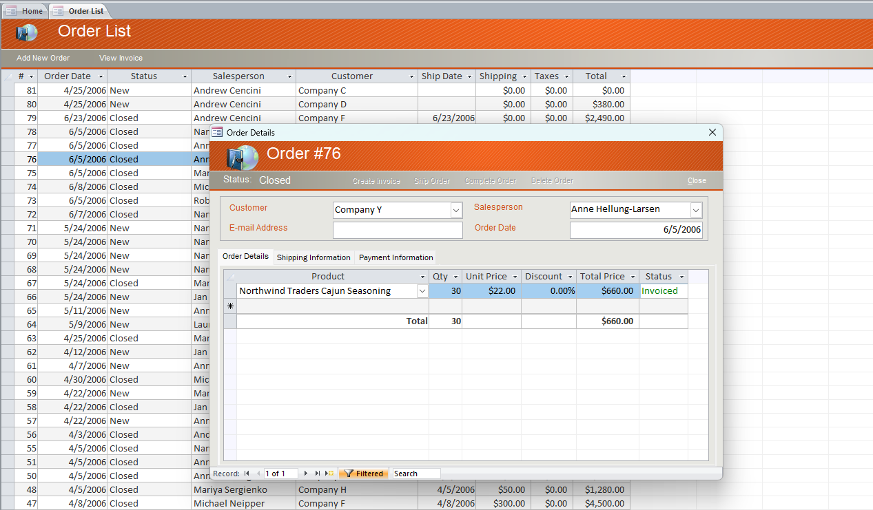 Order management application in Microsoft Access