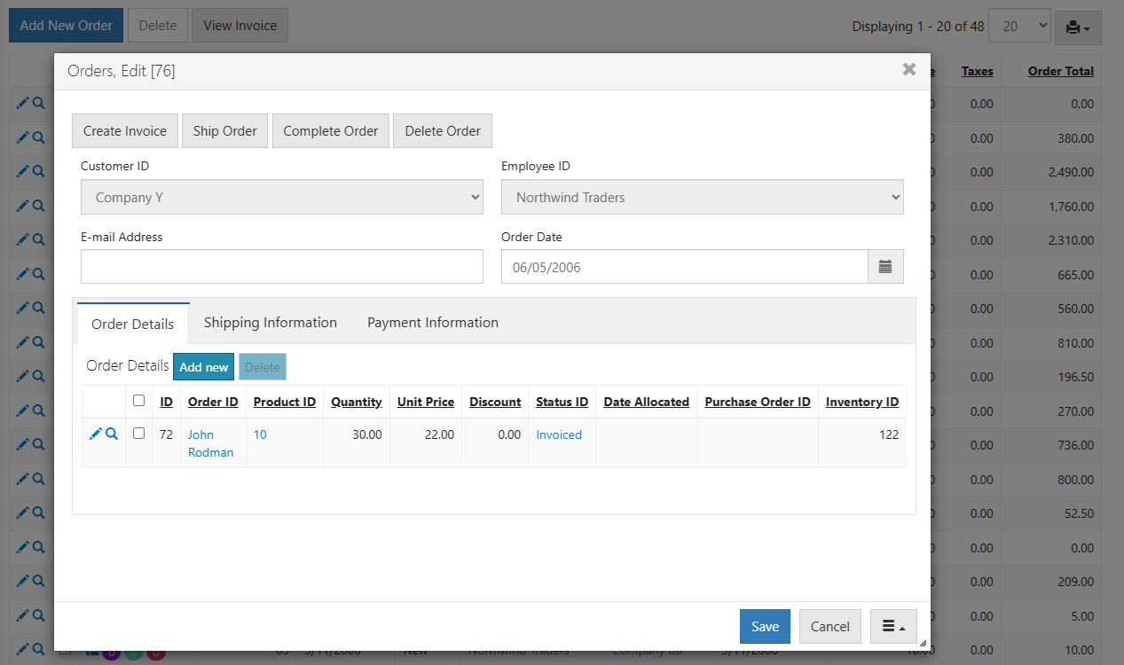 Order management application generated by PHPRunner