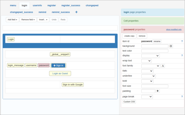 Login page layout in Page Designer 