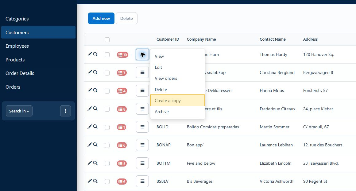 Custom row actions menu on a data grid