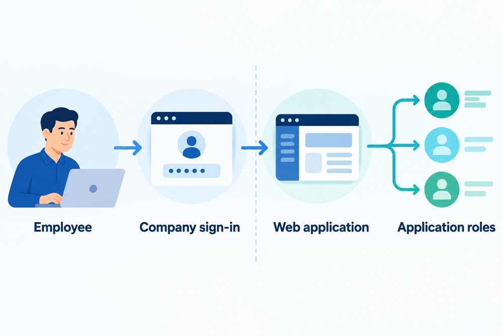 An employee signs in with a company account and the web application assigns application roles