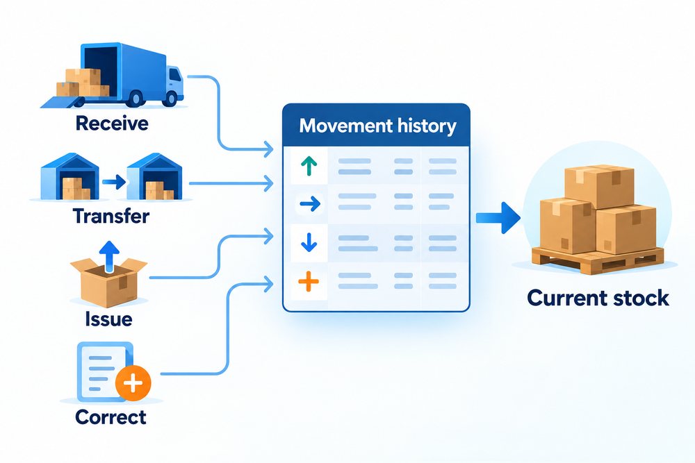 Receipts, transfers, issues, and corrections are stored in movement history to calculate current stock