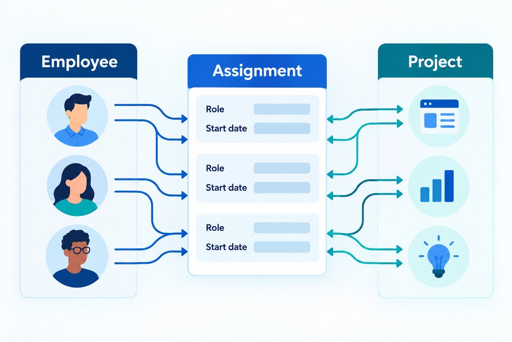 Employees and projects connected through assignment records that store a role and start date