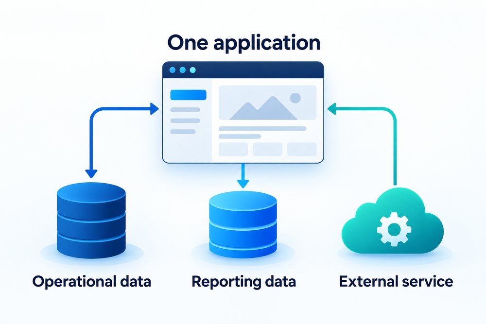 One web application connected to operational data, reporting data, and an external service